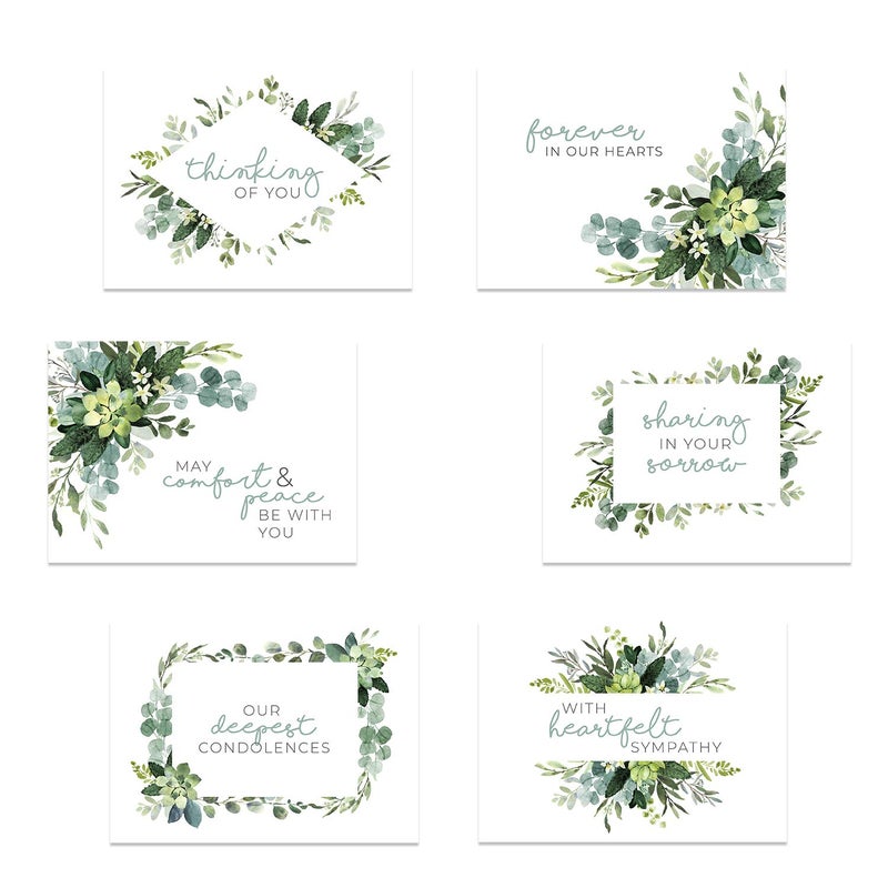 Canopy Street Lush Greenery Sympathy Cards / 24 Thinking Of You Cards With White Envelopes / 6 Modern Designs / 4 5/8" x 6 1/4" Greenery Floral Leaves Condolences Greeting Cards - Image 1